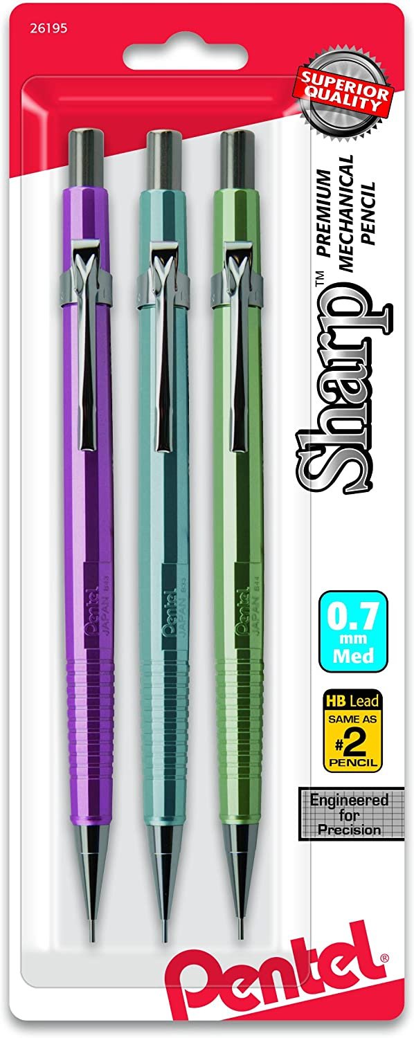 Pentel Sharp Mechanical Pencil (0.7mm) Metallic Barrels, Assorted Colors (MP1/MS/MK1), 3-Pk (P207MBP3M1)