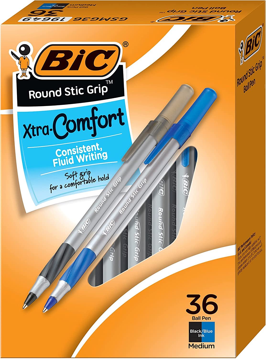 BIC Round Stic Grip Xtra Comfort Assorted Colors Ballpoint Pens, Medium Point (1.2mm), 36-Count Pack, Perfect Writing Pens With Soft Grip for Superb Comfort and Control