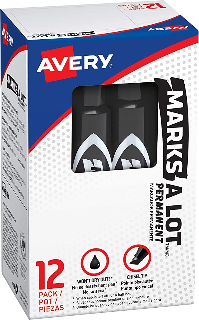 Marks-a-lot Avery Permanent Marker, Regular Chisel Tip, Black (07888), 12 markers