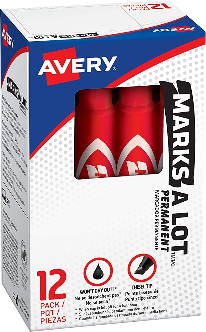 Avery Marks-A-Lot Permanent Markers, Regular Desk-Style Size, Chisel Tip, Water and Wear Resistant, 12 Red Markers (07887)