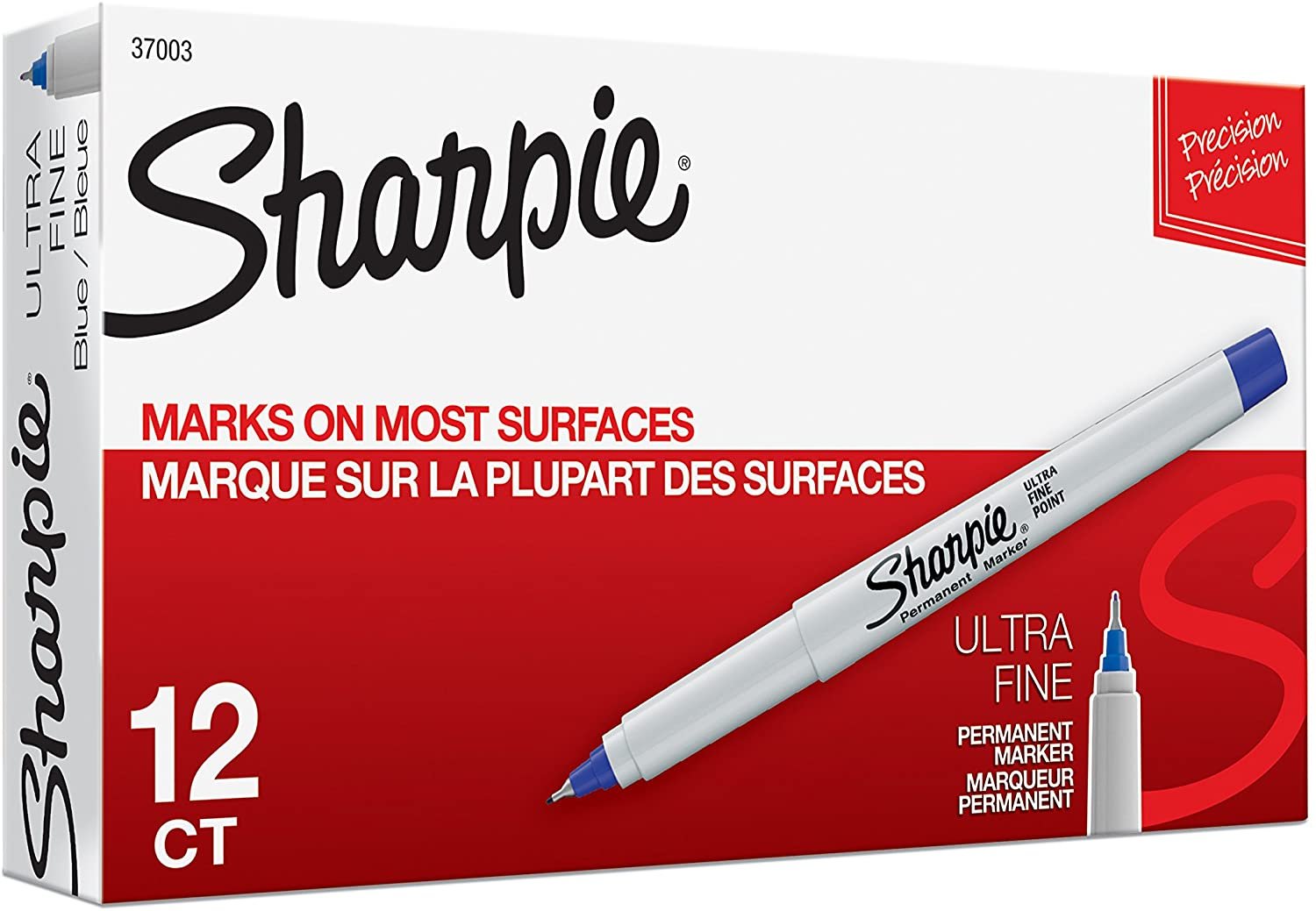 Sharpie 37003 Ultra-Fine Permanent Marker, Marks on Paper and Plastic, Resist Fading and Water, AP Certified, Blue Color, Pack of 12