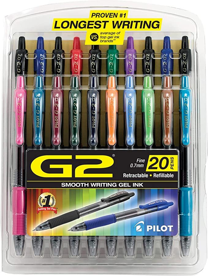 PILOT G2 Premium Refillable & Retractable Rolling Ball Gel Pens, Fine Point, Assorted Color Inks, 20-Pack (31294)