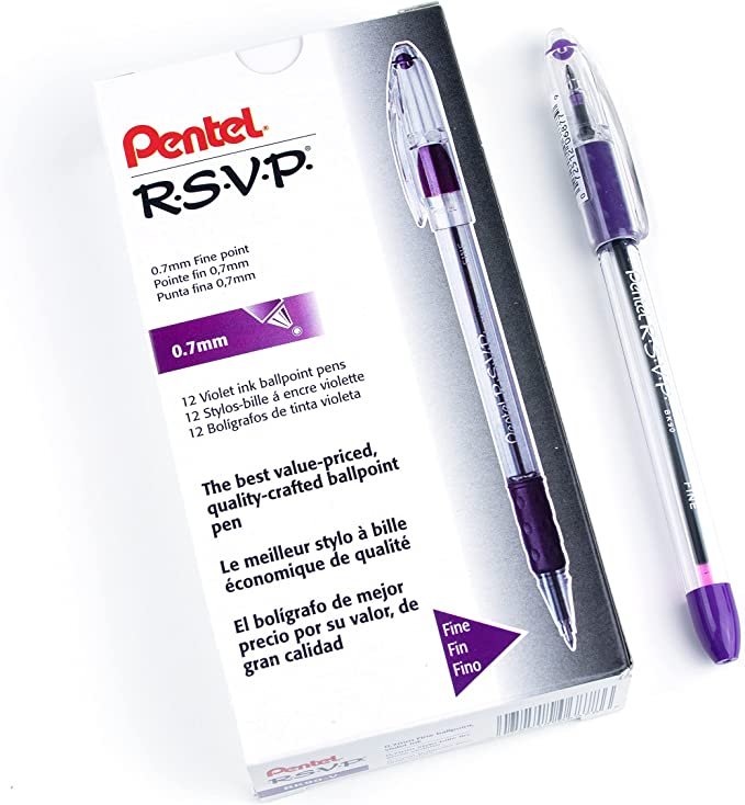 Pentel BK90V R.S.V.P. Stick Ballpoint Pen, .7mm, Trans Barrel, Violet Ink (Pack of 12)
