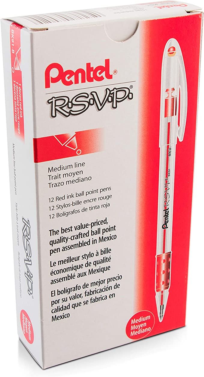 Pentel BK91B R.S.V.P. Stick Ballpoint Pen, 1mm, Trans Barrel, Red Ink (Pack of 12)