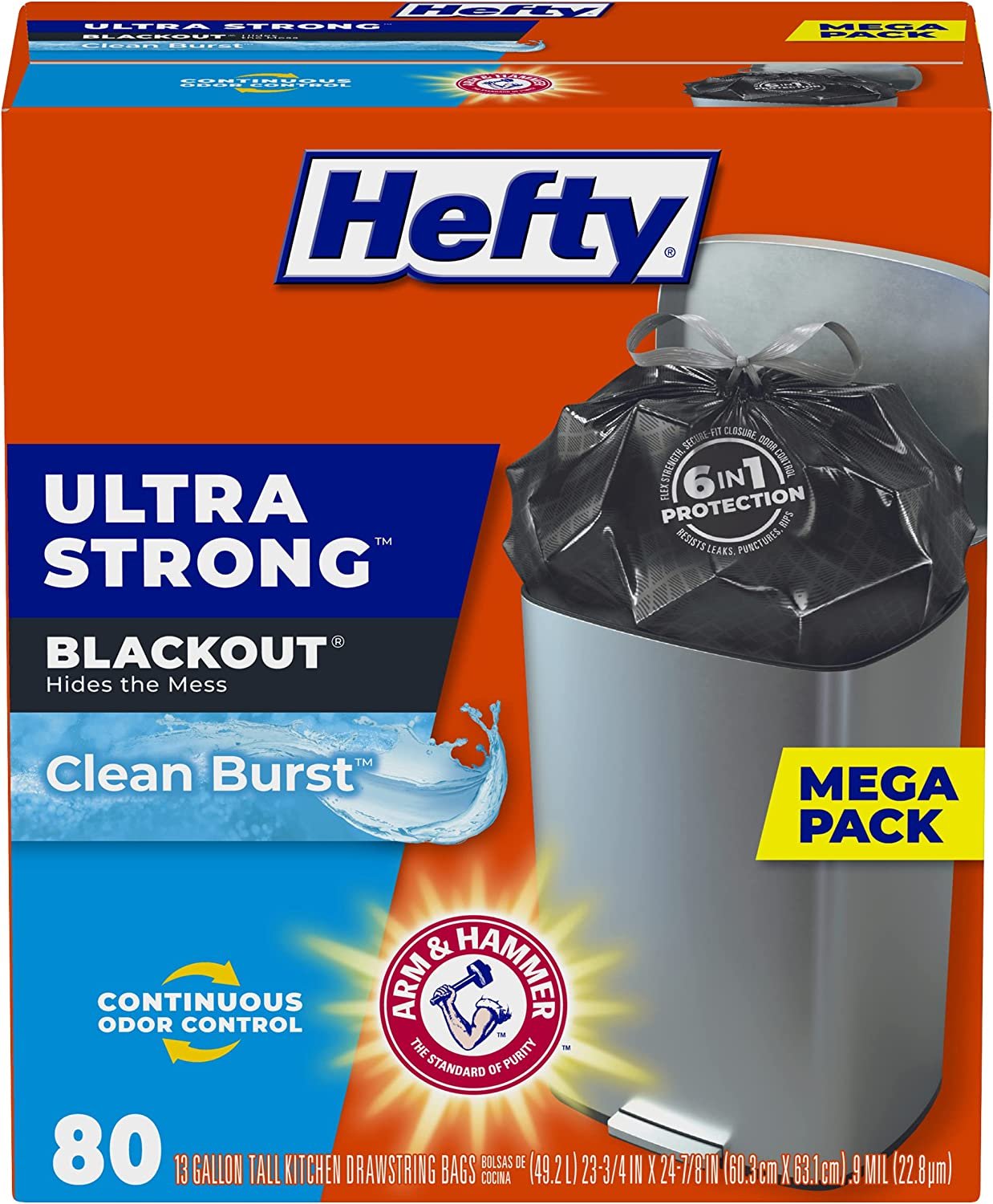 Hefty Ultra Strong Tall Kitchen Trash Bags, Blackout, Clean Burst, 13 Gallon, 80 Count