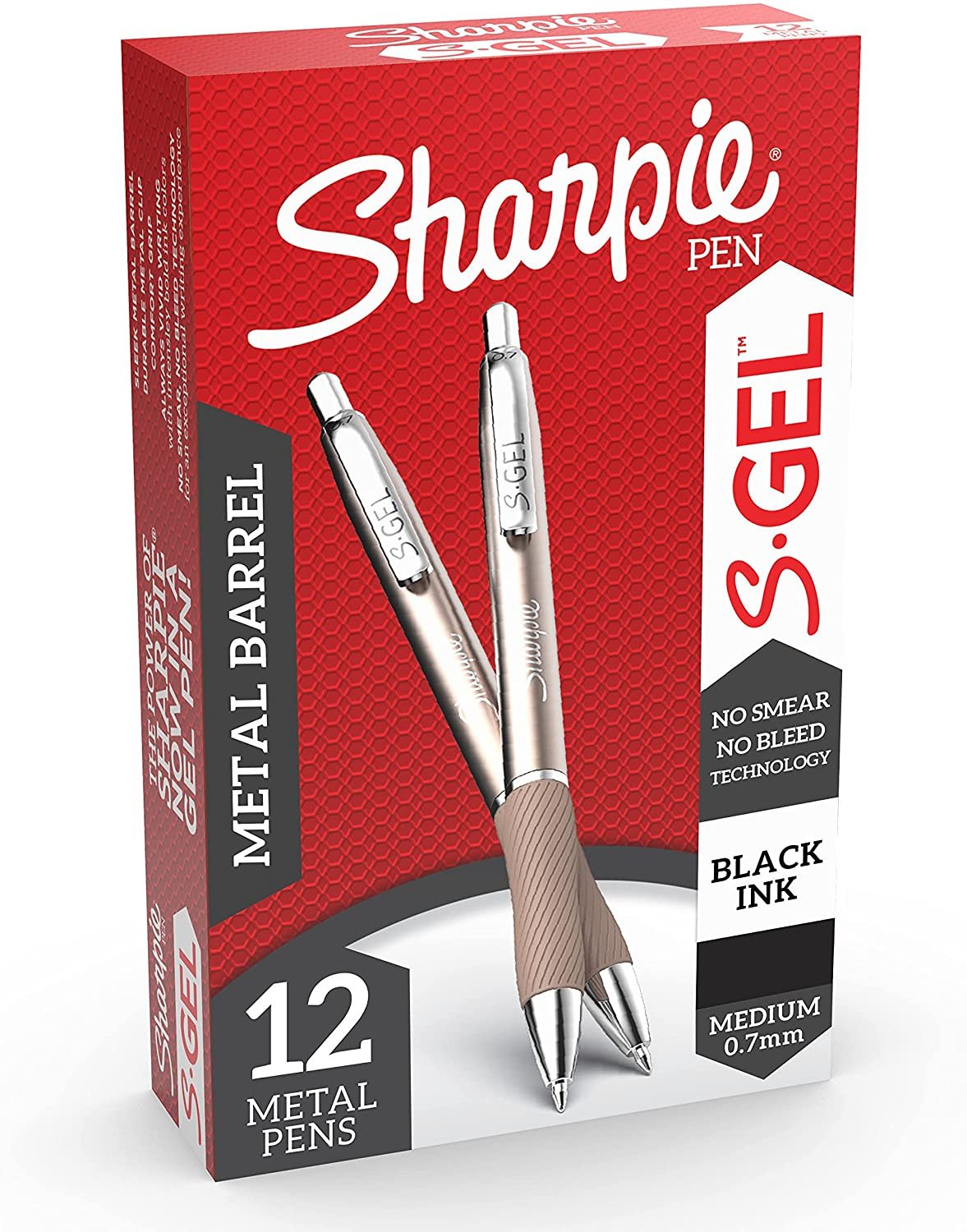 Sharpie S-Gel, Gel Pens, Sleek Metal Barrel, Champagne, Medium Point (0.7mm), Black Ink, 12 Count