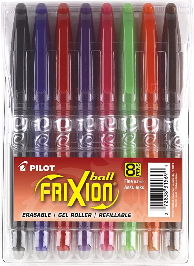 PILOT Pen 31569 FriXion Ball Erasable & Refillable Gel Ink Stick Pens, Fine Point, Assorted Color Inks, 8-Pack Pouch