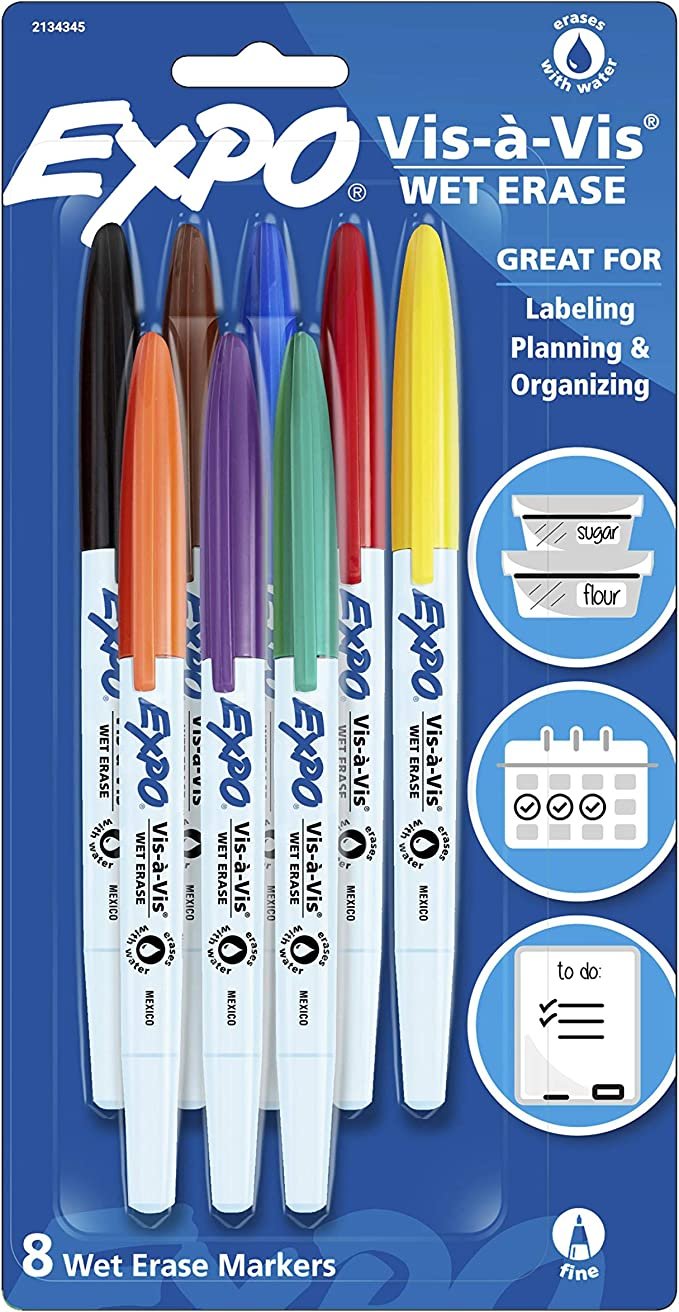 EXPO Vis-?-Vis Wet Erase Markers, Fine Point, Assorted Colors, 12 Count