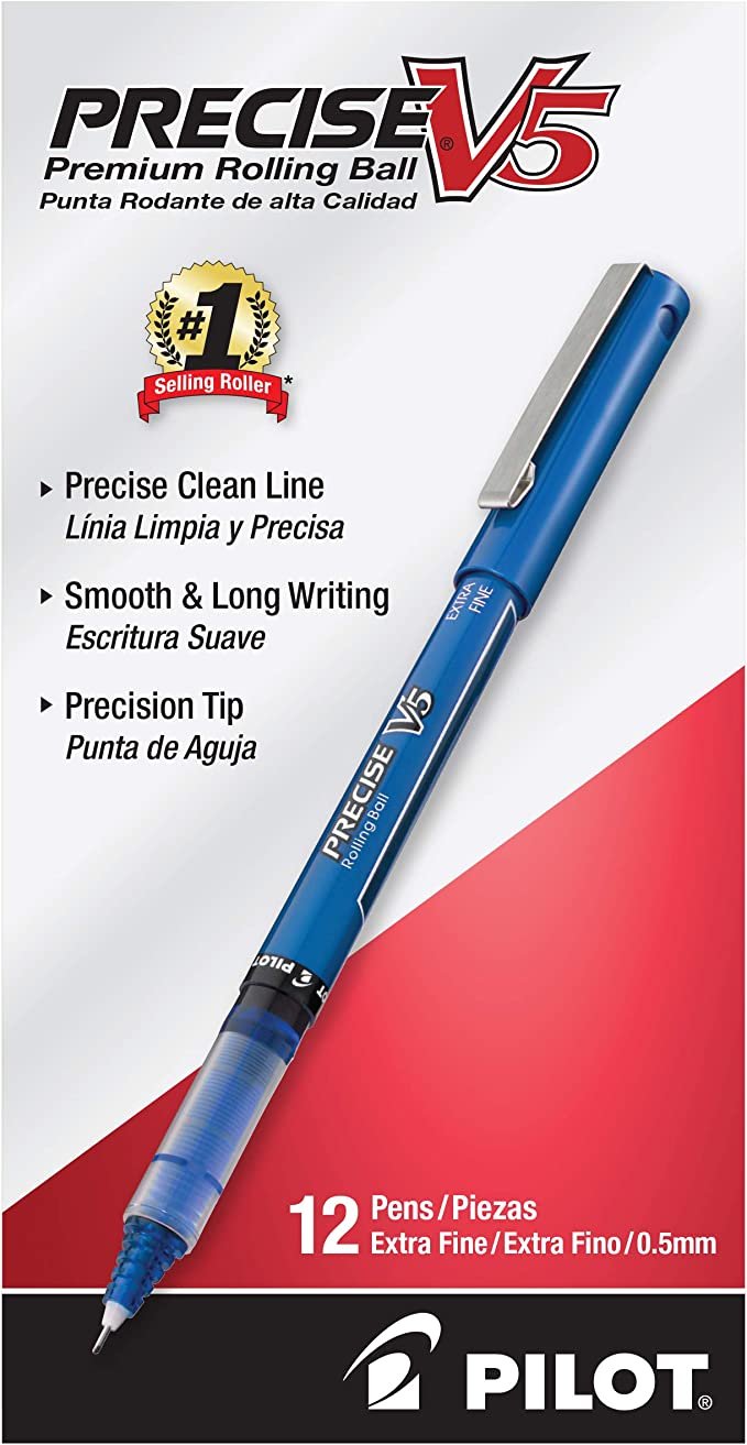PILOT Precise V5 Stick Liquid Ink Rolling Ball Stick Pens, Extra Fine Point (0.5mm) Blue Ink, 12-Pack (35335)