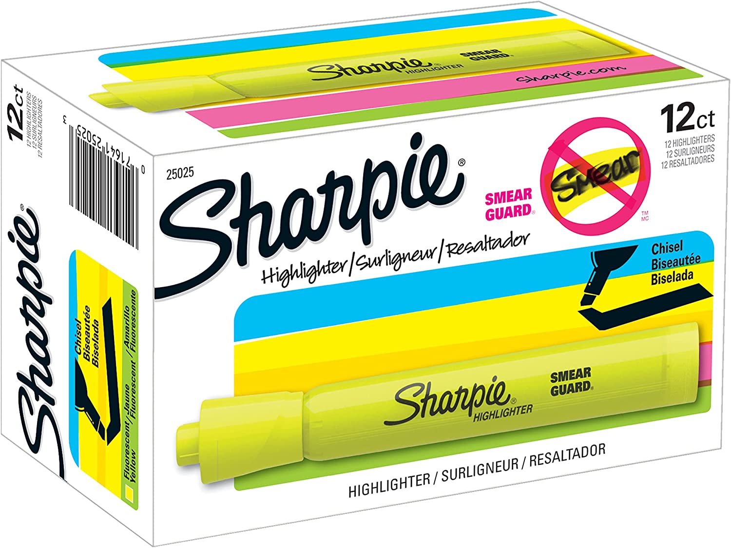 Sharpie(R) Accent(R) Highlighters, Fluorescent Yellow, Pack of 12, 25025