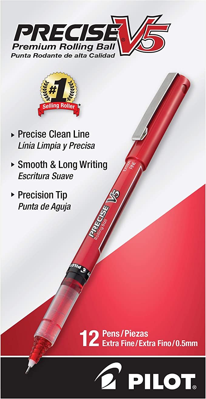 PILOT Precise V5 Stick Liquid Ink Rolling Ball Stick Pens, Extra Fine Point (0.5mm) Red Ink, 12-Pack (35336)
