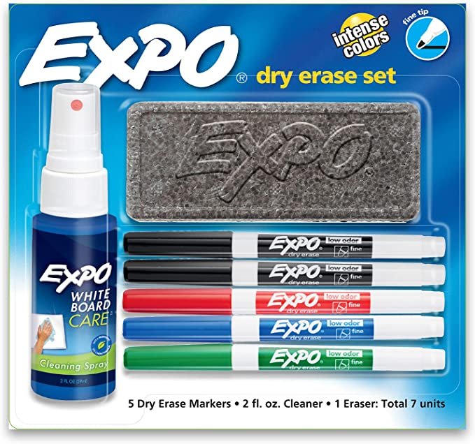 EXPO Low Odor Dry Erase Marker Starter Set, Fine Tip, Assorted Colors, 7-Piece Kit