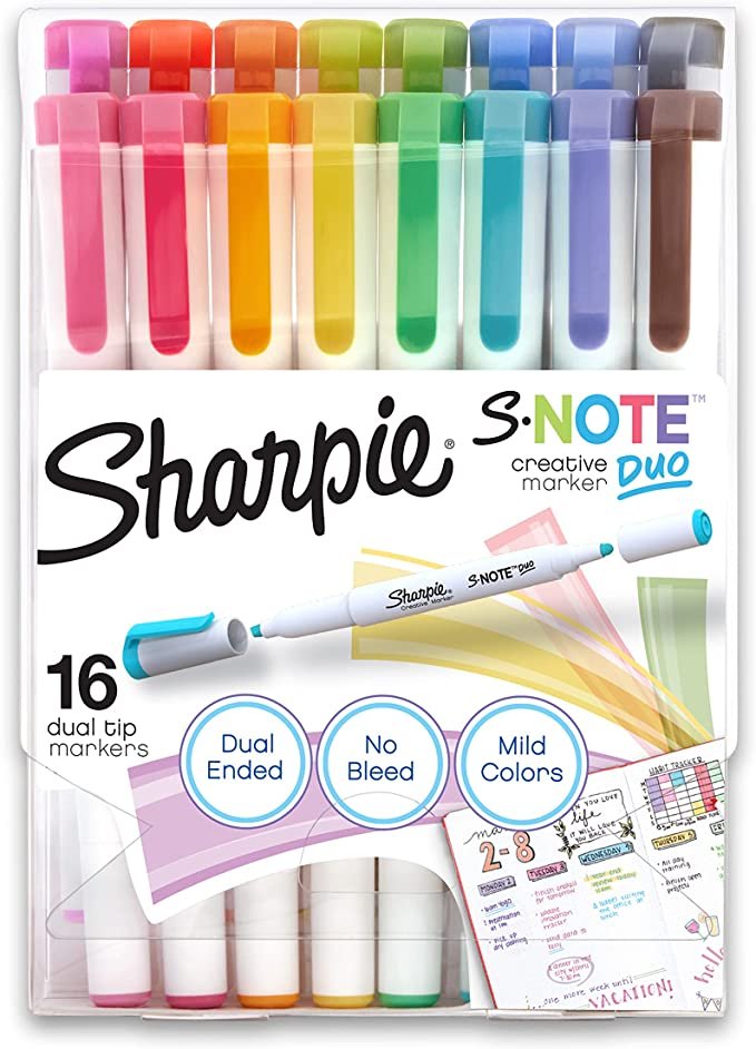 SHARPIE S-Note Duo Dual-Ended Creative Markers, Part Highlighter, Part Art Marker, Assorted Colors, Fine And Chisel Tips, Includes Stand-Up Easel, 16 Count