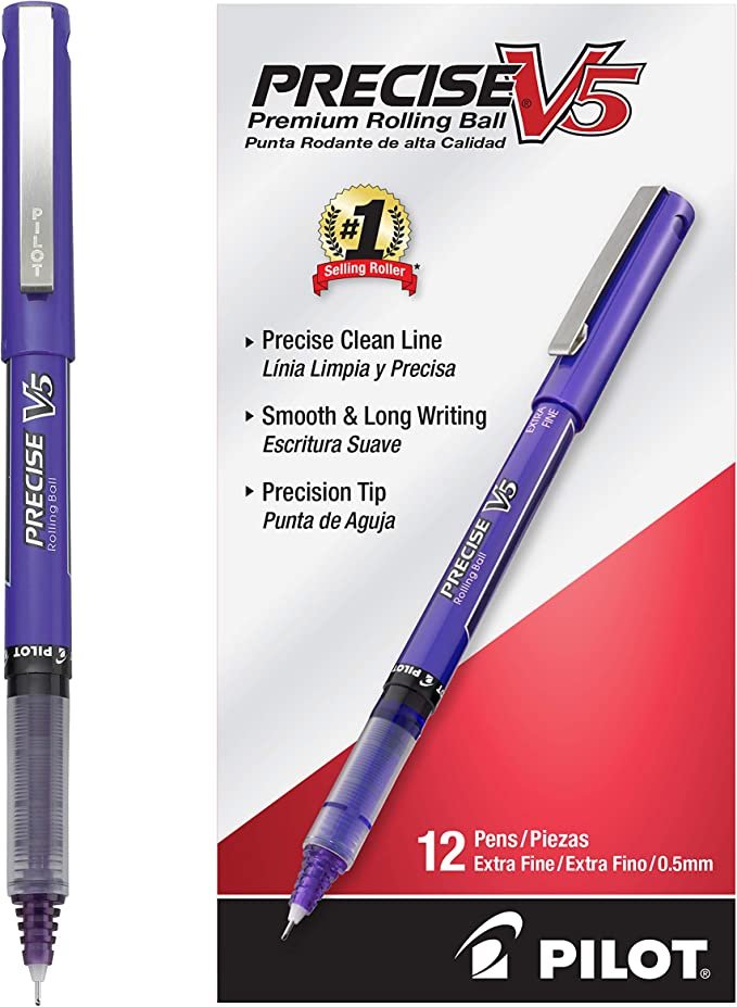 PILOT Precise V5 Stick Liquid Ink Rolling Ball Stick Pens, Extra Fine Point (0.5mm) Purple Ink, 12-Pack (25106)