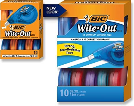 BIC Wite-Out Brand EZ Correct Correction Tape, White, 10-Count, Translucent Dispenser Shows How Much Tape is Remaining