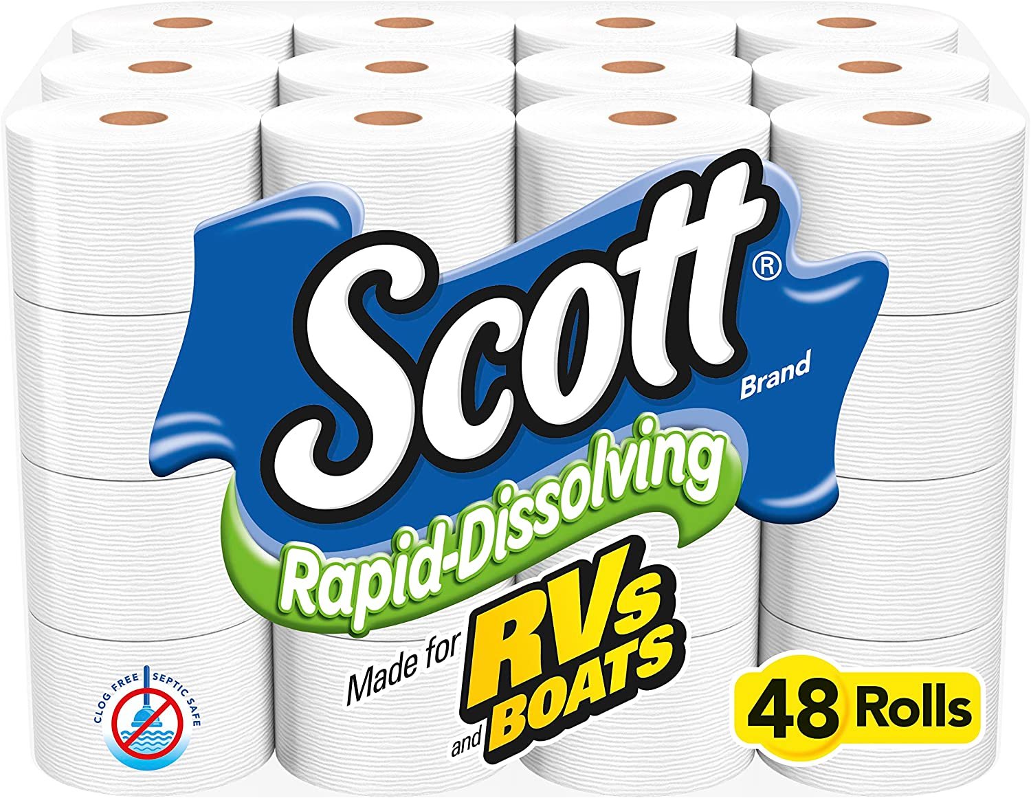 Scott Rapid-Dissolving Toilet Paper, 48 Double Rolls (6 Packs of 8) = 96 Regular Rolls, 231 Sheets Per Rolls