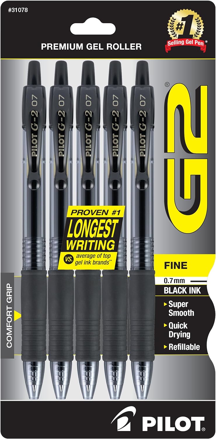 Pilot, G2 Premium Gel Roller Pens, Fine Point 0.7 mm, Black, Pack of 5
