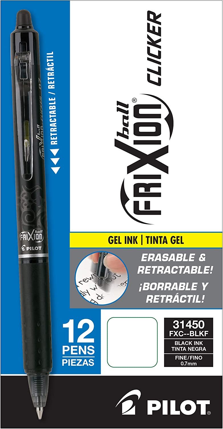 PILOT FriXion Clicker Erasable, Refillable & Retractable Gel Ink Pens, Fine Point, Black Ink, 12-Pack (31450)