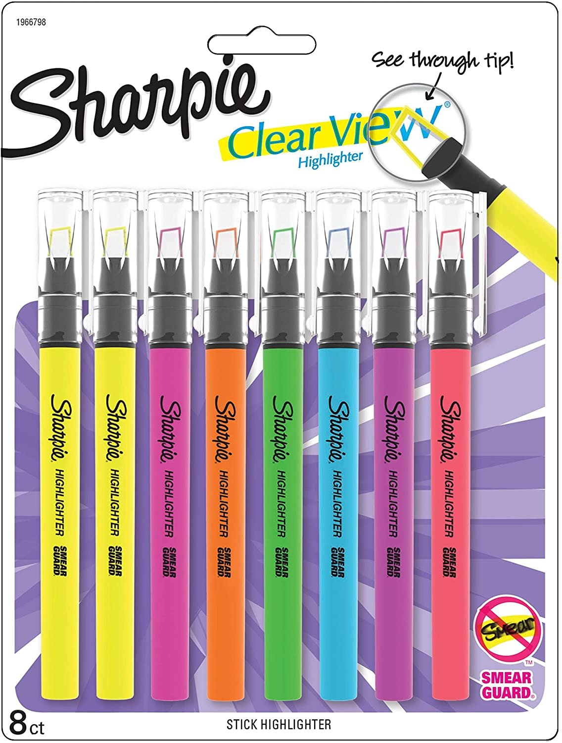 Sharpie Clear View Highlighter Stick, Assorted, 8 count(1966798), Pack of 1