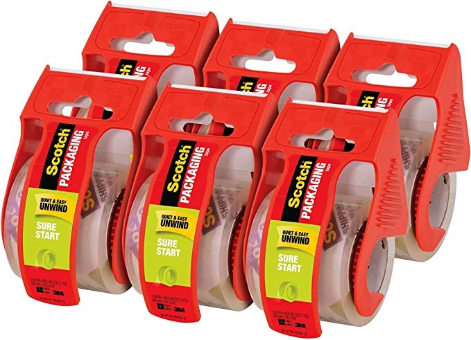 Scotch Sure Start Shipping Packaging Tape, 1.88"x 22.2 yd, Designed for Packing, Shipping and Mailing, Quiet Unwind, No Splitting or Tearing, 1.5" Core, Clear, 6 Dispensered Rolls (145-6)