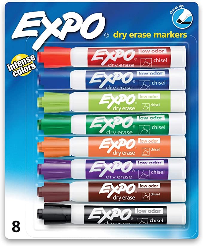 EXPO Low Odor Dry Erase Markers, Chisel Tip, Assorted Colors, 8 Pack