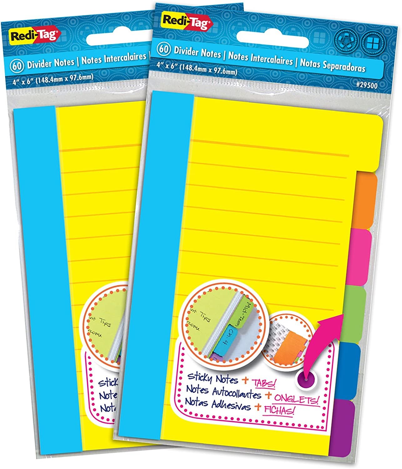 Redi-Tag Divider Sticky Notes, Tabbed Self-Stick Lined Note Pad, 60 Ruled Notes per Pack, 4 x 6 Inches, Assorted Neon Colors, 2 Pack (10290)