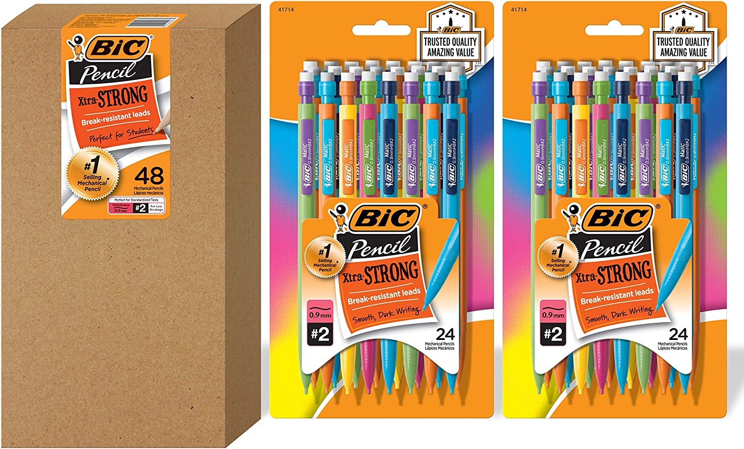 BIC Xtra-Strong Thick Lead Mechanical Pencil, Colorful Barrel Thick Point (0.9mm), 48-Count Pack, With Erasers