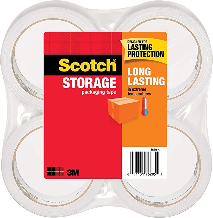 Scotch Long Lasting Storage Packaging Tape, 1.88" x 54.6 yd, Designed for Storage and Packing, Stays Sealed in Weather Extremes, 3" Core, Clear, 4 Rolls (3650-4)