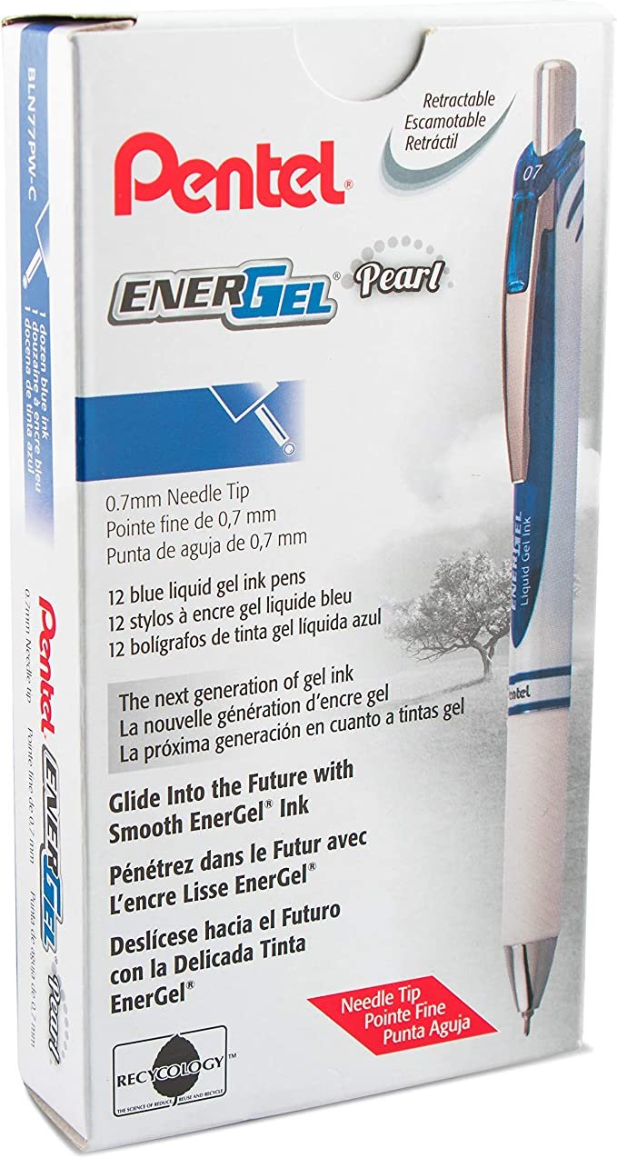 Pentel EnerGel RTX Pearl Retractable Liquid Gel Pen, (0.7mm) Medium Line, Needle Tip, Blue Ink, 12 pack (BLN77PW-C)