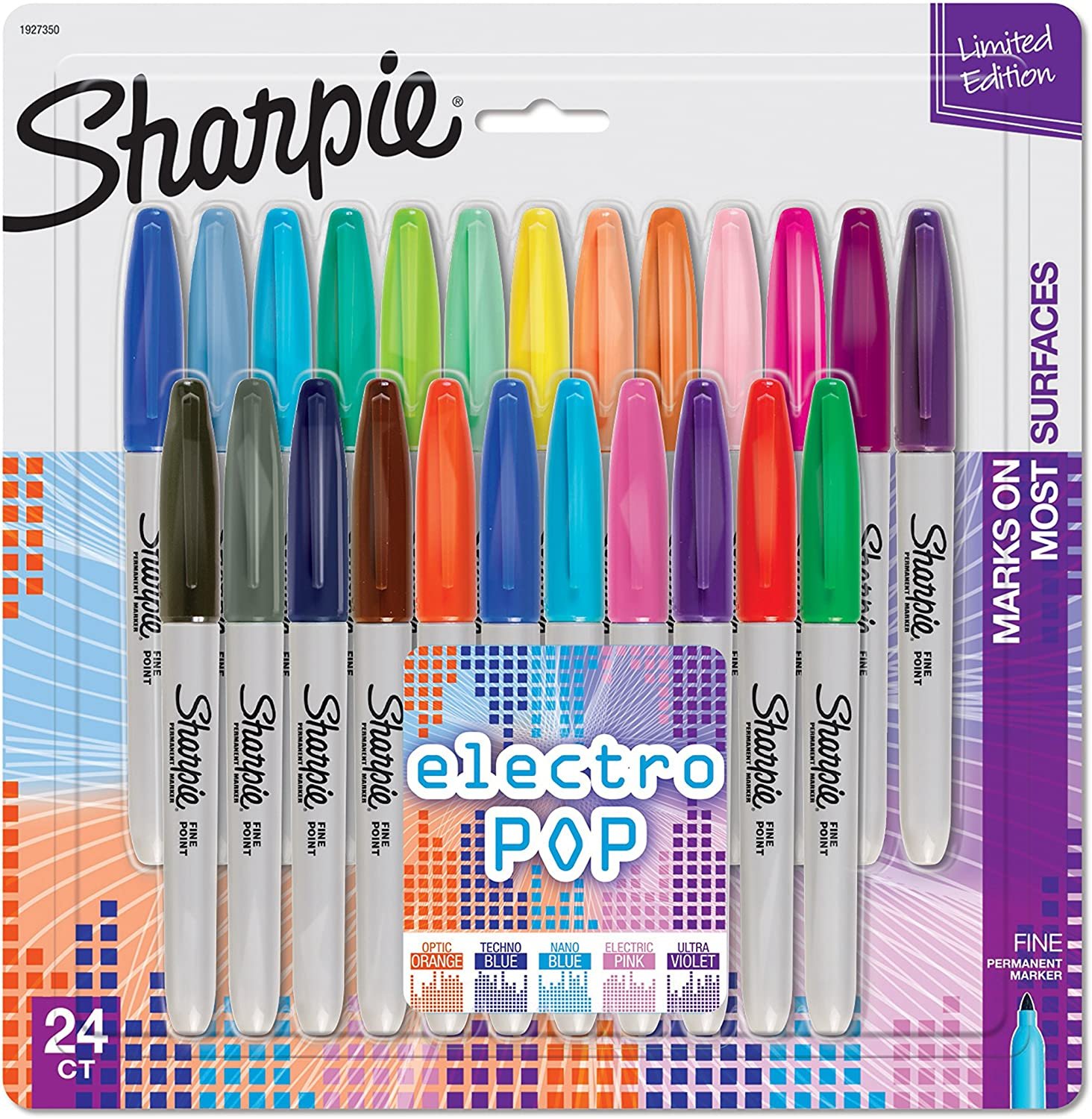Sharpie 1927350 Electro Pop Permanent Markers, Fine Point, Assorted Colors, 24 Count