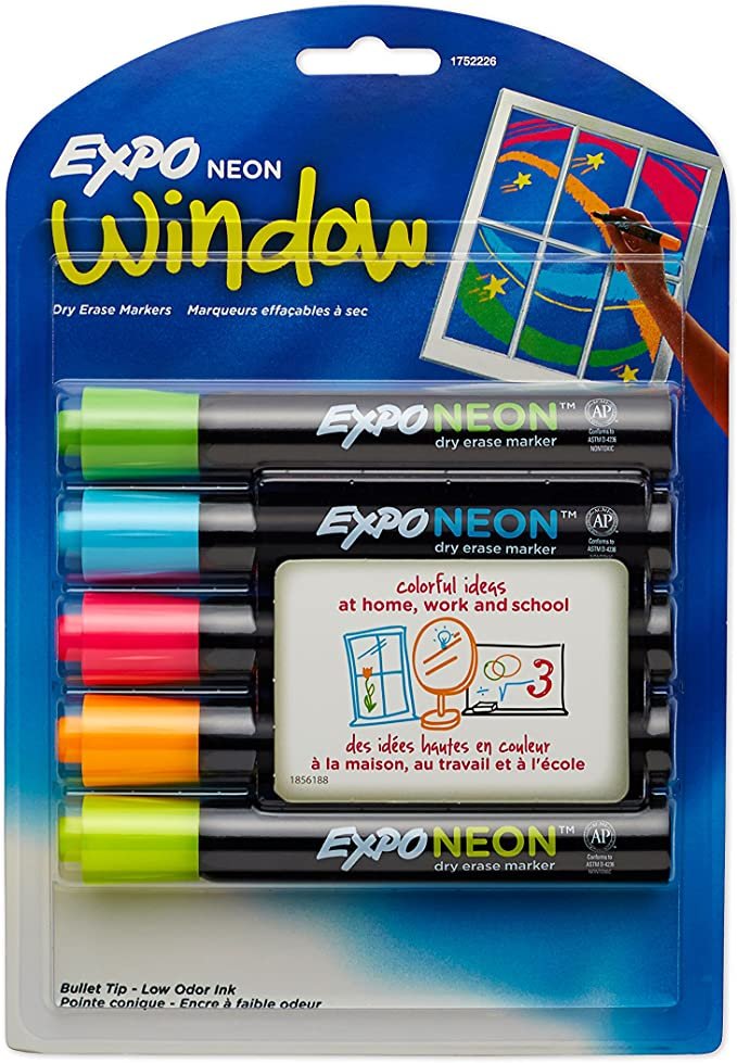 Expo Dry Erase Neon Markers | Bullet Tip Dry Erase Markers | Whiteboard Markers, Assorted Colors, 5 Count