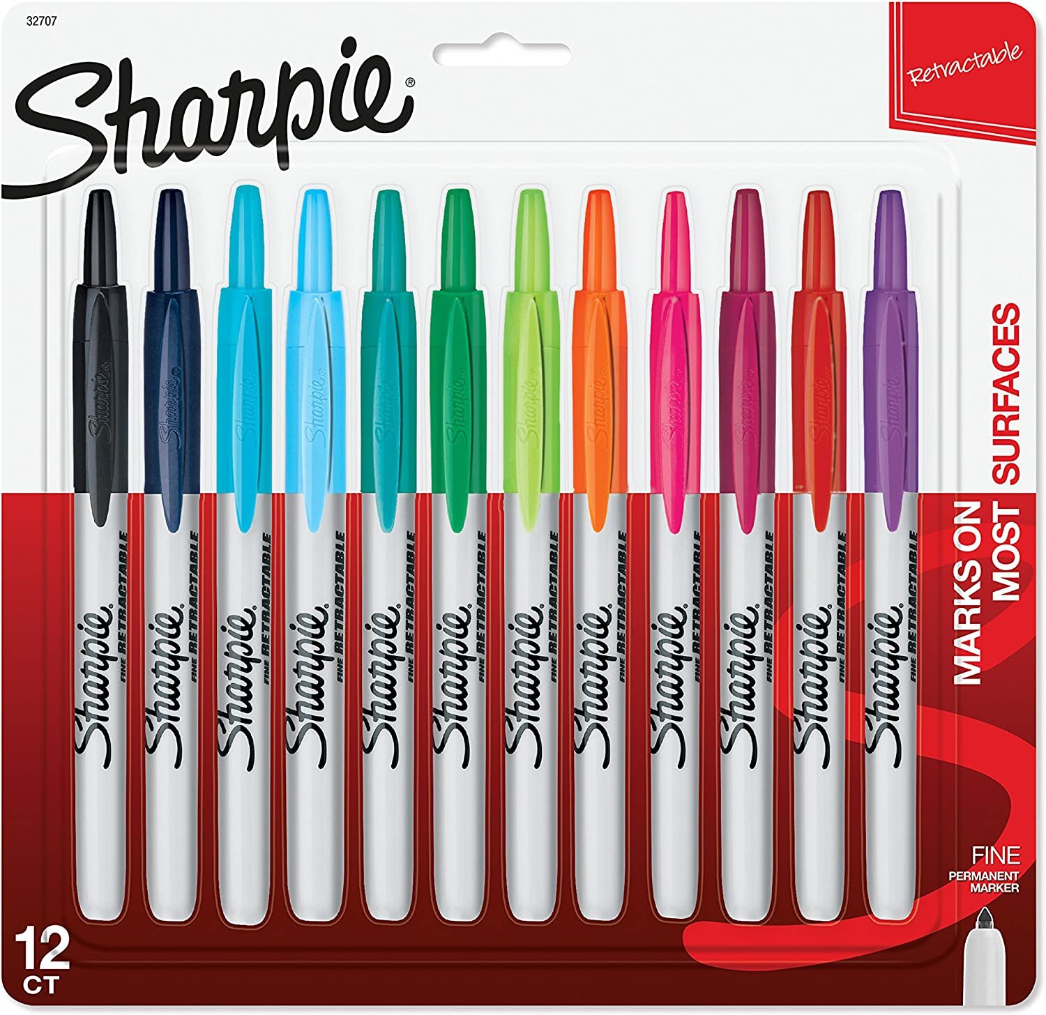 SHARPIE Retractable Permanent Markers, Fine Point, Assorted Colors, 12 Count