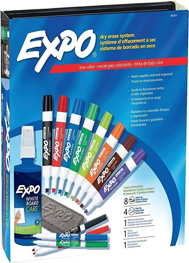 EXPO 80054 Low-Odor Dry Erase Markers, Chisel Tip, Assorted Colors, 15-Piece Set