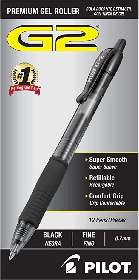 Pilot, G2 Premium Gel Roller Pens, Fine Point 0.7 mm, Black, Pack of 12 (Dozen Box)
