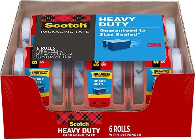 Scotch Heavy Duty Packaging Tape, 1.88" x 22.2 yd, Designed for Packing, Shipping and Mailing, Strong Seal on All Box Types, 1.5" Core, Clear, 6 Rolls with Dispenser (142-6)