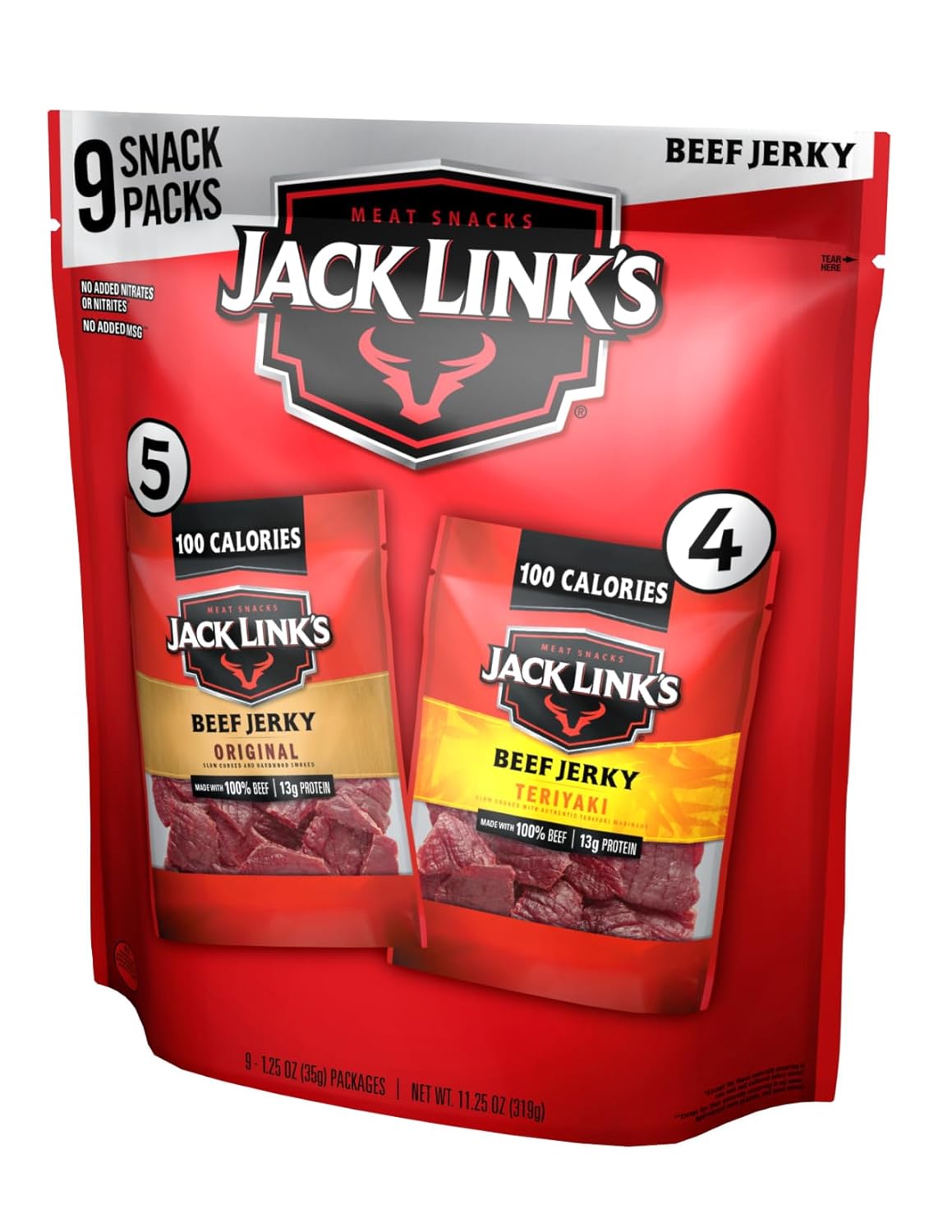 Jack Link's Beef Jerky Variety - Includes Original and Teriyaki Flavors, On the Go Snacks, 13g of Protein Per Serving, 9 Count of 1.25 Oz Bags (Pack of 1)