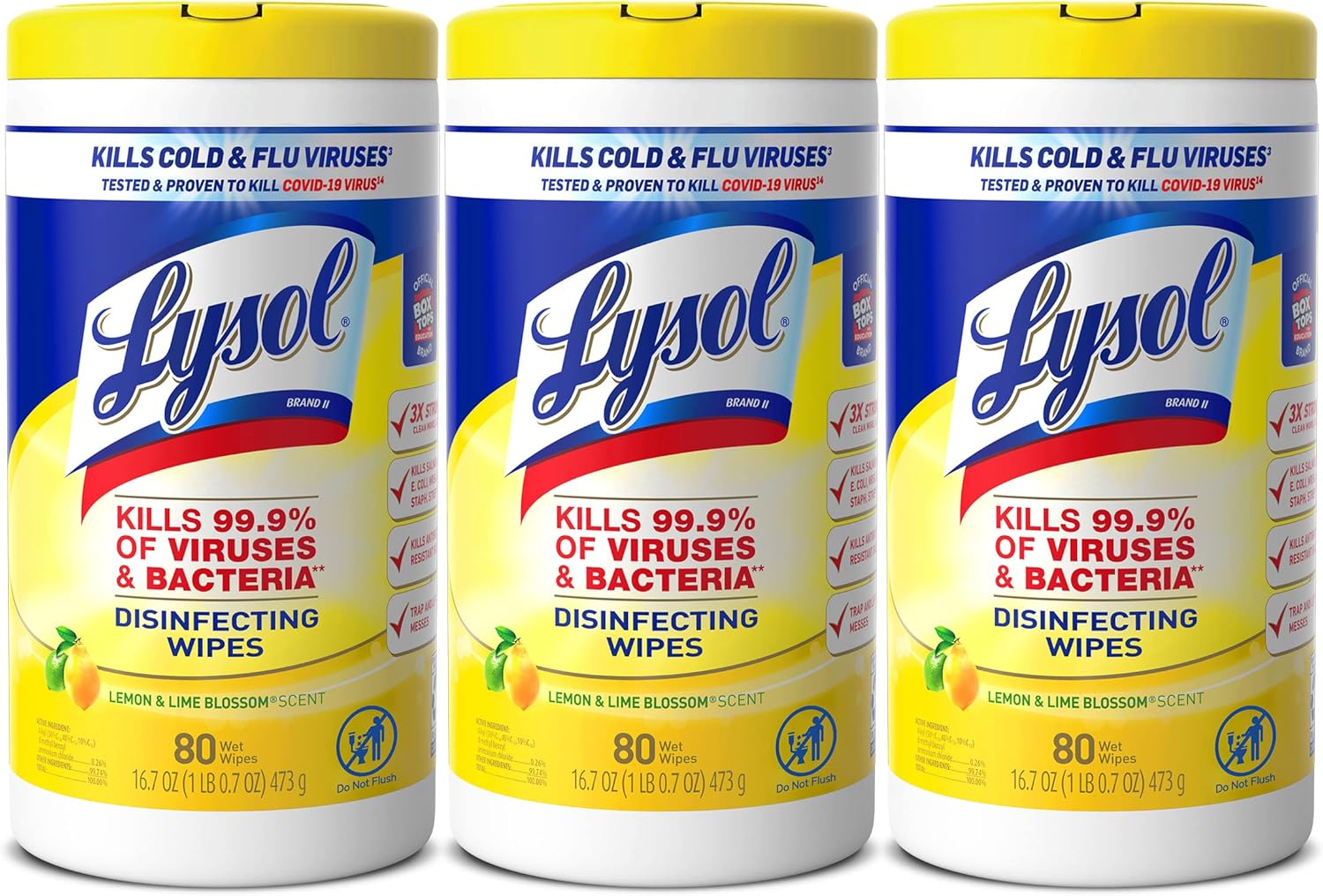 Lysol Disinfectant Wipes, Multi-Surface Antibacterial Cleaning Wipes, For Disinfecting and Cleaning, Lemon and Lime Blossom, 80 Count (Pack of 3)